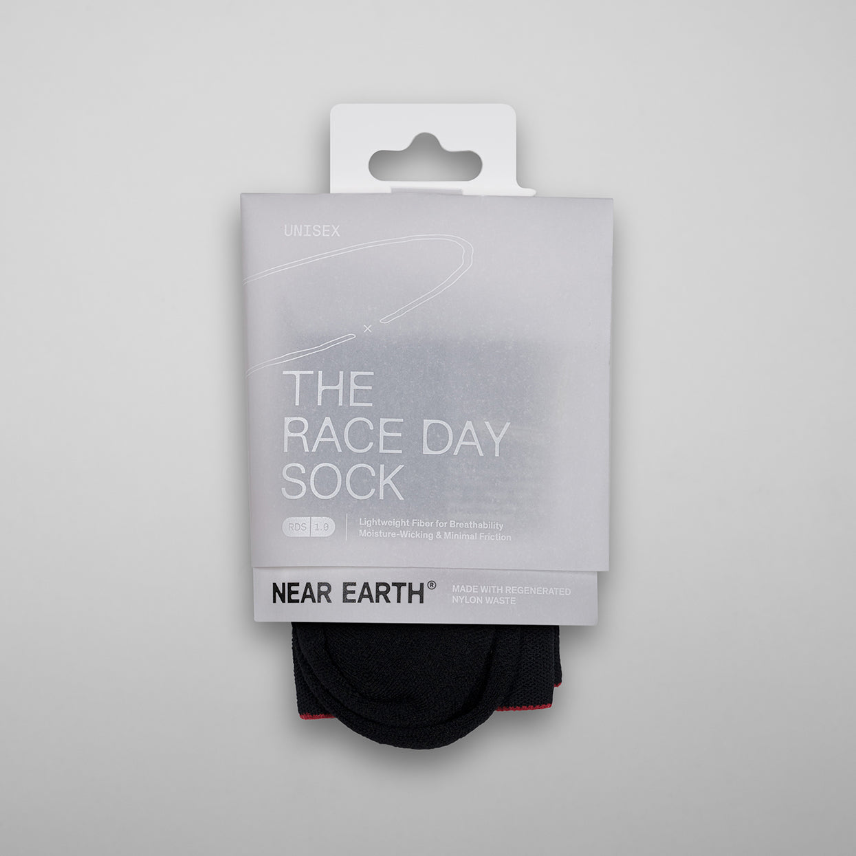 Near Earth Race Day black ultralight socks packaging.